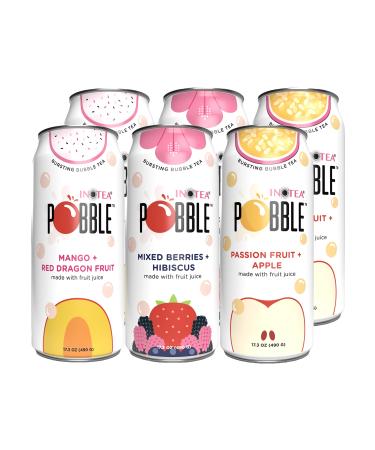 INOTEA POBBLE BURSTING BUBBLE TEA (Pack of 6 Cans) includes SALTATION Thank You Card | Canned Iced Tea Made with Real Fruit Juice and Contains Popping Pearls (16.6oz/can) | 6 Can Bundle- Available Flavors: Assorted, Mango+Red Dragon Fruit, Mixed Berries+H