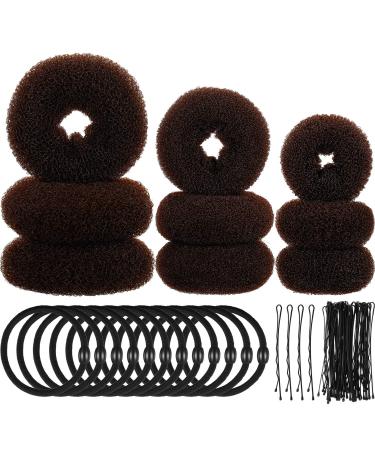 9 pieces donut hair roller manufacturer Former foam sponge Donut rolls ring style set with 12 pieces hair rubber band ties and 32 pieces hair bobby pins for women girls (brown) brown 1 piece (1 Pack)