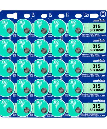 Murata 315 Battery SR716SW 1.55V Silver Oxide Watch Button Cell (25 Batteries)