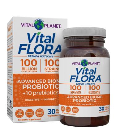 Vital Planet - Vital Flora Advanced Biome Probiotic 100 Billion CFU 100 Diverse Strains 10 Organic Prebiotics Immune Support Colon and Digestive Health Probiotics for Women and Men 30 Capsules Unflavored 30 Count (Pack