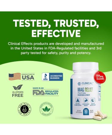 Clinical Effects Mag Relief Magnesium Supplement - 275mg Pure Magnesium Glycinate Capsules - 90 Magnesium Capsules - Quality Magnesium for Cramp Defense, Bone, Muscle and Nerve Support - USA Made - Buy Online on GoSupps.com