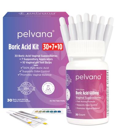 Pelvana Boric Acid Suppositories 30 + 7 Applicators + 10 pH Test Strips  47 Piece Kit for Vaginal pH Balance, Odor, Itching, Dryness & Discharge 30 Count (Pack of 1)