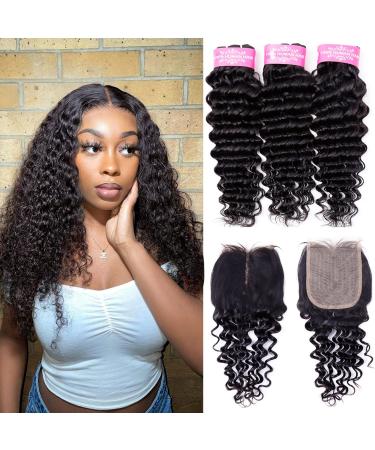 Odir Deep Wave Human Hair Bundles with T-Part Lace Closure 12 14 16+10 Unprocessed 9A Brazilian Curly Virgin Hair 3 Bundles with 4x1 Closure Deep Curly Bundles with Closure Natural Color 12 14 16+10 Inch bundles with closure