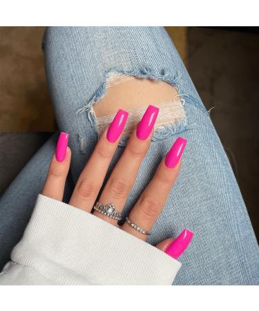 Hot Pink Press On Nails Medium Long Square Xcreando Medium Glue on Nails Coffin Perfect Fake Nails with Pure Color Natural Spring Nails Salon Press-on Feature Glossy Shade for Women and Girls In Daily Life