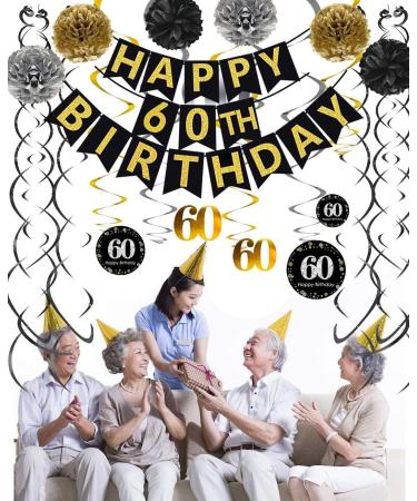 Black & Gold Glittery 60th Birthday Banner & Decor Kit - Sparkling Party Supplies for 60th Anniversary Celebration - Buy Online on GoSupps.com