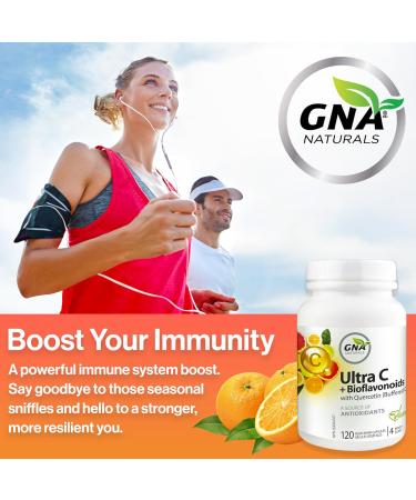 GNA Naturals Ultra Vitamin C 600mg + Bioflavonoids with Quercetin Dihydrate - Vitamin C Ascorbate Acid 120 V-Caps 4 Month Supply - Promotes Healthy Bones Gums & Teeth - Vitamin C Complex Supplement - Buy Online on GoSupps.com
