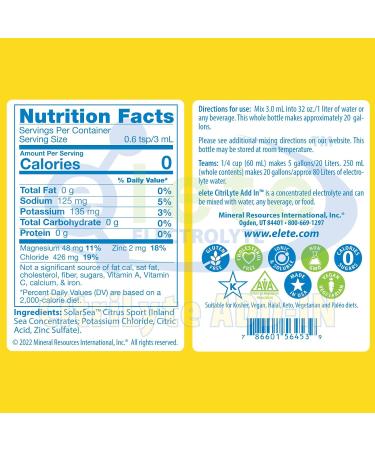 elete CitriLyte Electrolyte Add-in Hydration Drops | Sodium, Magnesium, Potassium & Trace Minerals | Slight Lemon Flavor | Cramp Relief | Transform Any Drink into a Sports Drink, 24.6 mL 0.83 FL OZ (Pack of 1) - Buy Online on GoSupps.com