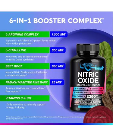 Nitric Oxide Supplement for Men & Women 2250 mg - Nitric Oxide Booster - Pine Bark | L-Arginine | L-Citrulline | Beet Root | Vitamin C & B12 - Muscles Energy & Circulation - Made in USA 90 Capsules - Buy Online on GoSupps.com