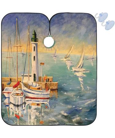 visesunny Barber Cape Seascape Boat Lighthouse Oil Painting Polyester Hair Cutting Salon Cape Apron Anti-Static Haircut Water-Resistant Shaving Cloth Beard Shaving Bib Hairdressing Cape