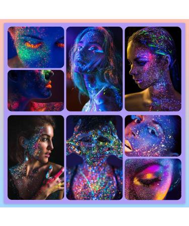 Holographic Chunky Glitter Set - 8 Glow in The Dark Colors with Glue for Body Face Nail & Hair Makeup | Perfect for Concerts Festivals & Rave Parties - Buy Online on GoSupps.com
