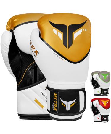Mytra Fusion Boxing Gloves Pro Training Sparring Kickboxing Gloves for Men Women Workout Gloves MMA Muay Thai Punching Gloves 10 oz 12 oz 14 oz 16 oz Black/Gold 14-oz