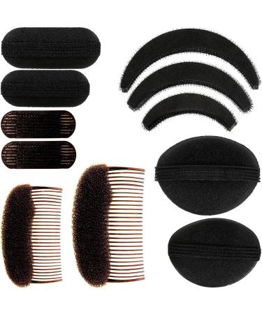 11 Pieces Women Sponge Volume Bump Inserts Hair Bases Hair Styling Tools Hair Bump Up Combs Clips Black Sponge Hair Accessories for Women DIY Hairstyles (Black Brown)