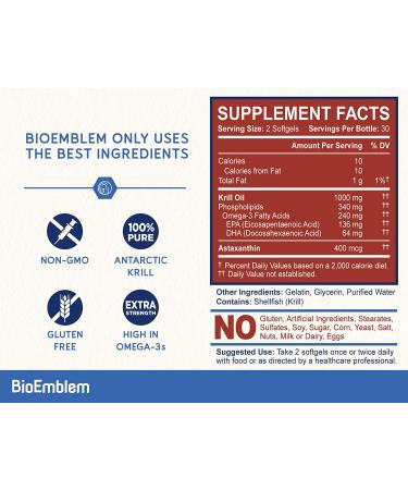 BioEmblem Antarctic Krill Oil Supplement 1000mg | Omega-3 EPA + DHA, Astaxanthin, Phospholipids | Non-GMO 60-Count Softgels - Buy Online on GoSupps.com