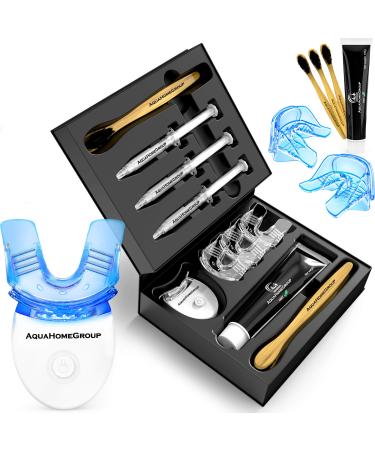 Aquahomegroup Teeth Whitening Kit with LED Light - Snow Teeth Whitener Set with Charcoal Toothpaste and Brushes - Tooth Whitening System All in One Carbamide Peroxide 3 X 3ml Gel Syringes 18 Piece Set Black