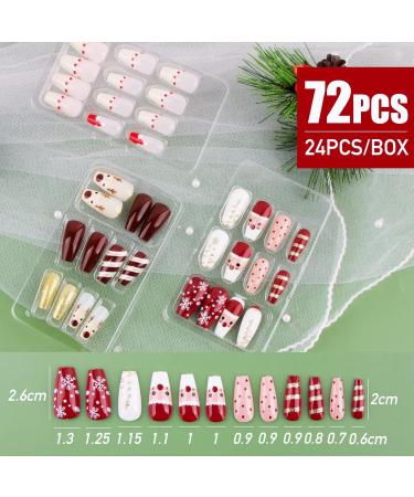 72pcs Christmas Short Coffin Press on Nails | Snowflake Elk Santa Design | Full Cover Stick on Nails for Women - Red Gold Pink - Buy Online on GoSupps.com