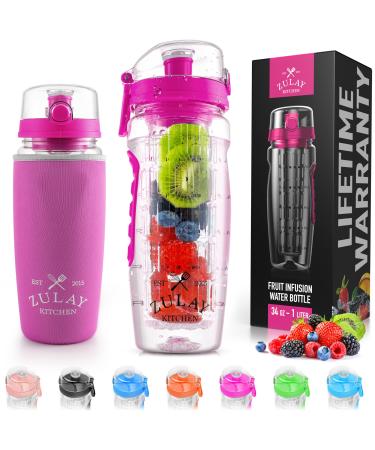 Zulay (34oz Capacity) Fruit Infuser Water Bottle With Sleeve - Anti-Slip Grip & Flip Top Lid Infused Water Bottles for Women & Men - Water Infusion Bottle Flamingo Pink