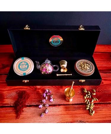 Luxurious Saffron Gift Box for Chefs: 5 Gr Grade A+ Organic Super Negin Coupe Saffron Threads Green Cardamom Rose Bud Tea Dried Saffron Teapot Small Brass Mortar and Pestle (Black Leather Box) - Buy Online on GoSupps.com