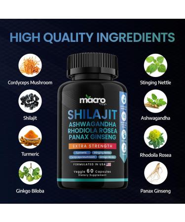 MACRO VITAL Shilajit for Men and Women 8-in-1 Supplement Organic Shilajit Capsules with Ashwaganda Rhodiola Rosea and Panax Ginseng for Energy-Stamina- 60 Veggie Capsules - Buy Online on GoSupps.com
