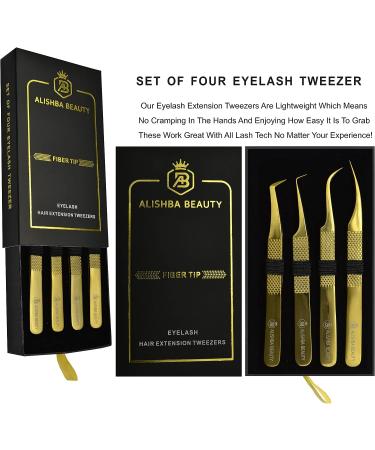 Alishba Beauty Eyelash Extension Tweezers Set - Precision Fiber Tip Japanese Stainless Steel (Gold) - Pack of 4 - Buy Online on GoSupps.com