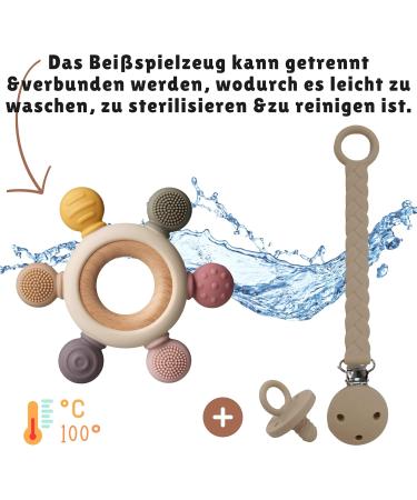 Cometrade Bite Ring for Babies | LFGB Silicone Kauringe & Natural Wooden Ring | Pacifier & Clip Set | Gummy Relief for Newborns & 3+ Months (Beige) - Buy Online on GoSupps.com