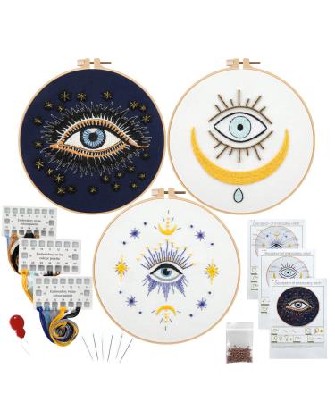Anidaroel 3 Sets Evil Eye Embroidery Starters Kit for Beginners  Stamped Cross Stitch Kits for Beginners Adults Include Embroidery Cloth  Embroidery Hoops  Threads and Needles