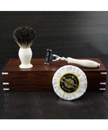 Premium 3 Edge Shaving Razor Kit - Black Badger Hair Brush & Soap in Handmade Wooden Box | Perfect Gift for Men - Buy Online on GoSupps.com
