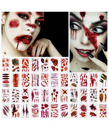 NiHome 40 Sheets Halloween Horror Removable Realistic Fake Temporary Tattoo Set  Zombie Costume Cosplay Blood Wound Bleeding Scar Variety Party Makeup Face Decals Prank Supplies