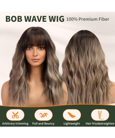 KOME Brown Wig with Bangs - Wavy Shoulder Length Curly Synthetic Hair for Women | 18IN Brown Highlight Wig for Parties & Daily Use - Buy Online on GoSupps.com