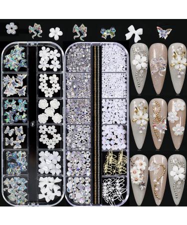 3D Acrylic Butterfly White Flowers Bear Nail Charms Cute Nail Charms Mixed Starry AB Crystal Nail Rhinestones Multi Sizes Crystal Gems Stones for Nail Art DIY Jewelry Accessories Crafting S0-White Flowers