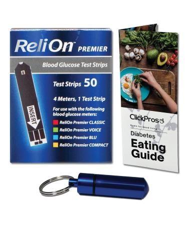 ReliOn Reli On Premier Blood Glucose Test Strips 50 Ct Bundle Plus Exclusive Diabetes Eating Guide  ClickPros Guide and Portable Pill Container (3 Items)!
