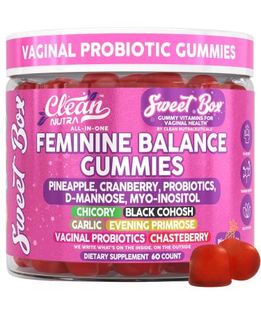Clean Nutra Feminine Balance Gummies for Women Pineapple VaginalProbiotics pH Balance Cranberry D Mannose Supplement Inositol Black Cohosh Evening Primrose Garlic Vitex GLA Prebiotics Folate 60ct