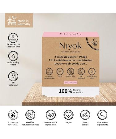  Niyok Niyok 2-in-1 Solid Shower and Care - Solid shower gel without palm oil - pH 5.5 skin-neutral - Plastic-free vegan - Can be used as an organic shower soap - Natural cosmetic - Moisturizes - Soft blossom (80 g) - Buy Online on GoSupps.com