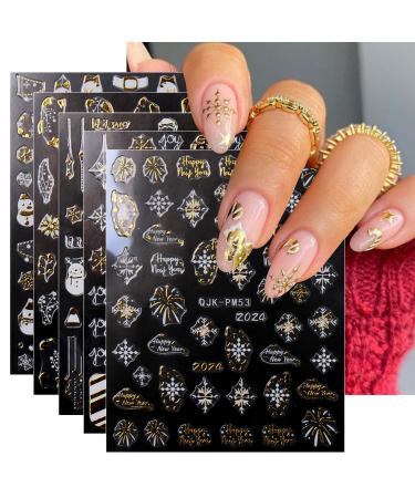 JMEOWIO 9 Sheets Happy New Year Christmas Nail Art Stickers Decals Self-Adhesive Pegatinas U as Snowflake Winter Holiday Cute Nail Supplies Nail Art Design Decoration Accessories