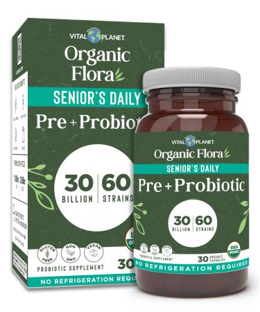 Vital Planet - Organic Flora Probiotics for Senior s Daily Shelf Stable Probiotic 30 Billion CFU 60 Diverse Strains with Organic Prebiotics for Immune Support and Digestive Health 30 Capsules