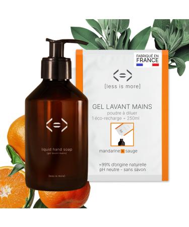 Less is More Savon Liquide Mains en Poudre Diluer Mandarine/Sauge sans SLS Hydratant Kit Bouteille PET+ 1 Recharge Ecologique sans Plastique Usage Unique 250ml Reconstituer Made in France Mandarine/Sauge 25 g (Lot de 1)