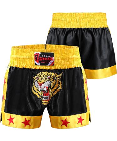 Muay Thai Kick Boxing Training Shorts - Satin Black Gold Tiger Embroidery, X-Small - Buy Online on GoSupps.com
