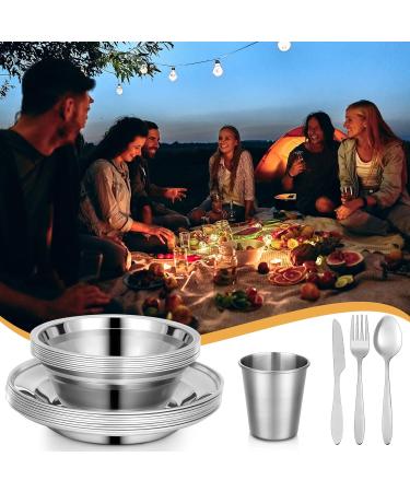 50 Pcs Polished Stainless Steel Camping Mess Kit Set - Portable Dinnerware for Backpacking, Hiking, Travel - 8 Person Utensils Tableware with Cups, Plates, Bowls - Includes Mesh Bag - Perfect for Camping and Picnics - Buy Online on GoSupps.com