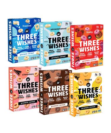 Protein and Gluten-Free Breakfast Cereal by Three Wishes - Variety Pack, 6 Pack - High Protein and Low Sugar Snack - Kosher, Vegan and Dairy-Free - Frosted, Fruity, Cocoa, Unsweetened, Honey and Cinnamon 8.6 Ounce (Pack of 6)