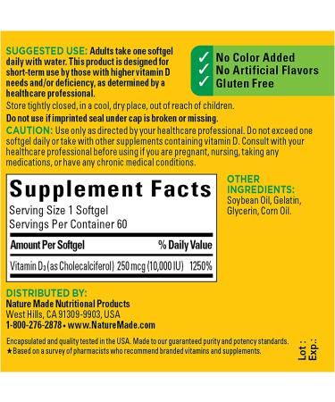 Nature Made Maximum Strength Vitamin D3 10000 IU | Bone, Teeth, Muscle & Immune Support | 60 Softgels - Buy Online on GoSupps.com
