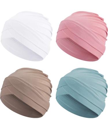 Geyoga 4 pieces of women's turban chemo head cover cancer headgear stretchy turban cap beanies sleep cap m mintgr n khaki white light pink