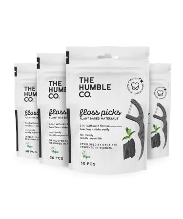 The Humble Co. Floss Picks (200 Count)  Sustainable, Plant Based and Eco-Friendly Natural Dental Floss Picks for Dental Hygiene, Oral Care, and Gum Health, Cruelty Free (Charcoal, Double Thread)