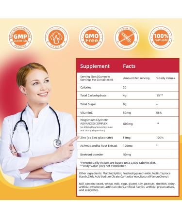 90 Count Magnesium Glycinate Gummies 400mg w/Ashwagandha Supplement - Sugar Free Zinc Magnesium Glycinate Supplement Ashwagandha Gummies for Adults Cherry 90 Count (Pack of 1) - Buy Online on GoSupps.com