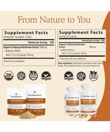 Real Mushrooms Capsules Supplements - Organic Cordyceps Mushroom Powder in Capsules - Energy and Performance Mushrooms with Verified Beta Glucans - Vegan, Non-GMO, 300 Capsules 300 Count (Pack of 1) - Buy Online on GoSupps.com