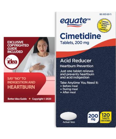 Cimetidine 200 mg - Acid Reducer & Heartburn Relief by Equate 120Ct Bundle with Exclusive Say NO to Indigestion and Heartburn - Better Idea Guide (2 Items) 120 Count (Pack of 1)