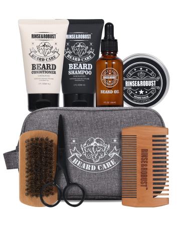 Beard Grooming Kit Rinse & Robust 8Pcs Travel Beard Care Set Kit For Men Beard Wash & Beard Conditioner Set Holiday Gift Set For Men Beard Shampoo, Beard Conditioner, Beard Oil, Beard Balm, Double-Headed Brush, Beard Sciss