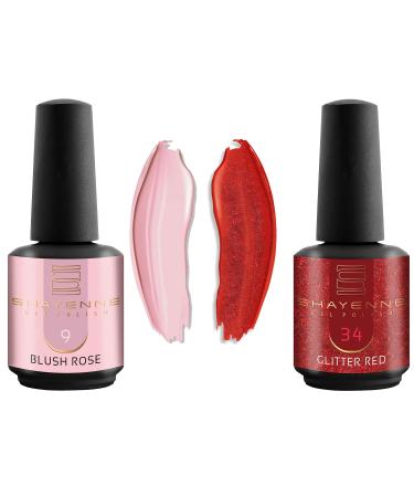 Shayenne Set of 2 UV Gel Nail Polish 9 Blush Rose Pink 15 ml + 34 Glitter Red Red 15 ml UV LED Lamp Colour Polish Nail Polish Nail Gel Shellac (30 ml) 9 Blush Rose + 34 Glitter Red