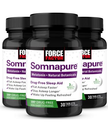 Force Factor Somnapure, 3-Pack, Sleep Support for Adults for Occasional Sleeplessness with Melatonin & Valerian, Non-Habit-Forming Sleeping Pills, Fall Asleep Faster, Wake Up Refreshed, 90 Tablets