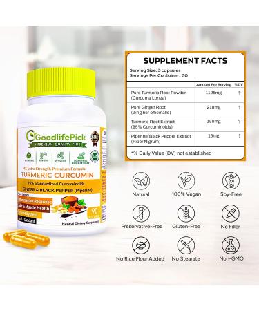 GoodlifePick Turmeric Curcumin Capsules Extra Strength with Ginger & 95% Curcuminoids & Black Pepper Extract for Maximum Benefits. All Natural NonGMO NO Rice Powder NO Stearate NO Silica- 90 Veg Cap - Buy Online on GoSupps.com