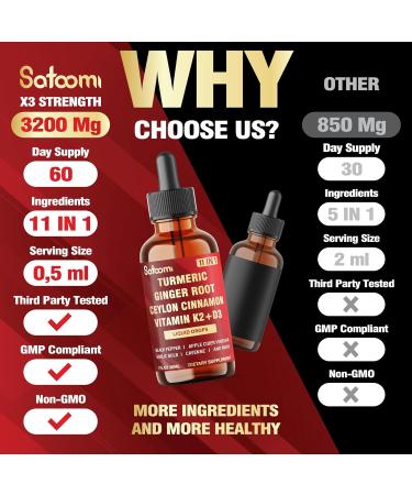 11in1 Liquid Turmeric Supplement for Immunity Heart & Energy with Vitamin D3 K2 MK7 Ginger Garlic Ceylon Cinnamon Berberine Ginseng Apple Cider Vinegar 30ml Drops 60 Servings - Buy Online on GoSupps.com