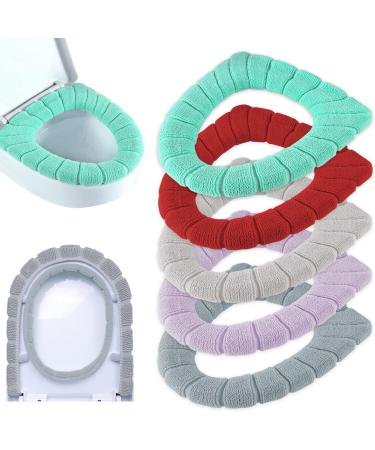 ZeeDix 5 Pcs Thicker Bathroom Soft Toilet Seat Cover Pad-Warmer Stretchable Fibers Easy Installation Cushioned Lid Covers, Washable and Comfortable Toilet Seat Cover Pads (5 Colors) Standard Toilet Seat Cover(5 Colors as Pictured)